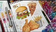 draw with me - fast food illustrations🍔🍕🍟 using alcohol-based markers and colored pencils ₊˚✧