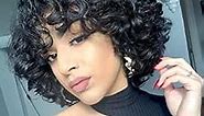 Quick Wig Human Hair Wigs Short Curly Bob Wig for Black Women None Lace Big Curly Wig with Bangs Pixie Cut African American Wigs Natural Black Color