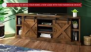 Bridgevine Home White Modern Farmhouse Tv Stand with Sliding Barn Doors and Cabinet Space. Fits TV's Sizes up to 90 Inches - Build with Real Wood & Fully Assembled. (White and Whiskey)