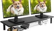 ROCDEER Bamboo Dual Monitor Stand Riser with 2 Heights Available, Black Desk Monitor Riser for 2 Monitors Supports for Monitor, Printer, Heavy TV Riser up to 130 lbs
