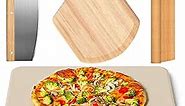 4 PCS Rectangle Pizza Stone Set, 15" Large Pizza Stone for Oven and Grill with Pizza Peel(OAK), Pizza Cutter & 10pcs Cooking Paper for Free, Baking Stone for Pizza, Bread,BBQ