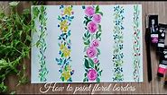 How to paint floral border design with watercolours | step by step tutorial | watercolor painting.