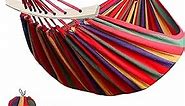 Double Hammock, 2 Person Cotton Canvas Hammock 450lbs Portable Camping Hammock with Carrying Bag Two Anti Roll Balance Beam Metal Carabiner Ropes and Tree Straps for Travel Patio Garden (Red)