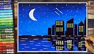 How to draw | A City at Night | Landscape Drawing for Beginners with Oil Pastels - step by step