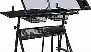 Yaheetech Drafting Table w/Stool Height Adjustable Multifunctional Art Craft Artists Desk Tilting Glass Tabletop Diamond Paintings Work Station w/2 Storage Drawers for Home Office
