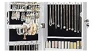 SONGMICS 6 LEDs Mirror Jewelry Cabinet, 47.2-Inch Tall Lockable Wall or Door Mounted Jewelry Armoire Organizer with Mirror, 2 Drawers, 3.9 x 14.6 x 47.2 Inches, Mother's Day Gifts, White UJJC93W