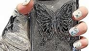 YWYUHE Butterfly Phone Case Compatible with iPhone 13 Pro Max, Luxury Glitter Cute 3D Hollow Clear Black Electroplate Butterfly Phone Cover with Hold Stand