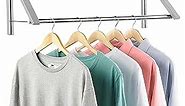 Double Foldable Clothing Rack w/ Extension Rod, Wall-Mounted Retractable Clothes Hanger for Laundry Dryer Room, Hanging Drying Rod, Small Collapsible Folding Garment Racks, Dorm Accessories (Chrome)