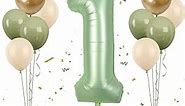 40 Inch Sage Green Number 1 Balloon, Olive Green 1st Birthday Balloons, Retro Sand White Avocado Green Gold Latex Balloons 1 Foil Balloon for Boy Girl Baby Shower 1st Birthday Jungle Party Decorations