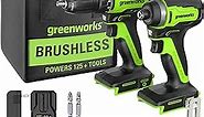 Greenworks 24V MAX Cordless Brushless Drill + Impact Combo Kit, (2) 2.0Ah Batteries, (1) Charger, and Bag Included