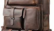 Masa Kawa Genuine Leather Backpack for Men Vintage 15.6 Inch Laptop Bag Multi Pockets Rucksack Casual Travel Daypack Brown