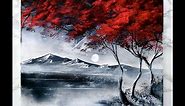 Painting Black and White Abstract Landscape Painting with a Vibrant Red Tree