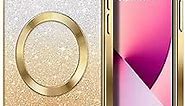 Hython for iPhone 13 Case Clear Magnetic Glitter Phone Cases [Compatible with MagSafe] Full Camera Lens Protector Slim Gradient Sparkle Luxury Plating Shockproof Protective Cover Women Girls, Gold