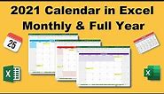 2021 Excel Calendar Spreadsheet | Monthly Calendar | Year at a Glance | Printable Calendar | Yearly