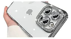 Fycyko Phone Case for iPhone 13 Pro Max Case with Sparkle Diamond Rhinestone Glitter Camera Len Protector,Crystal Bling Clear Cute Plating Phone Case Shockproof for iPhone 13 Pro Max 6.7''-Silver
