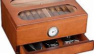COOL KNIGHT Cigar Humidor with Front Hygrometer, Humidifier and Accessory Drawers-Tempered Glass Top Cigar Humidor Box - Spanish Cedar Humidor-Desktop Humidor That can Hold 20-35 Cigars.