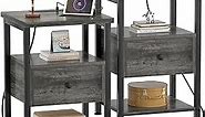 Ecoprsio Nightstand Set of 2, Nightstands with Charging Station, End Table Bedside Table with USB Port, Modern Nightstands with Drawers Storage Shelf, Wood Night Stands for Bedroom, Living Room, Grey