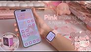 PINK iPhone 15 Plus & Apple Watch series 9 unboxing 🌸 cozy pink aesthetic asmr ✨ maono gamerwave