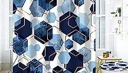 4Pcs Sky Blue Geometric Shower Curtain Set with Navy Blue Abstract Art, 12 Hooks, Bath Mat and Rugs