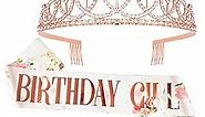 CIEHER Birthday Crown for Girls, Birthday Girl sash & Rhinestone Tiara Kit for Women Girls, Rose Gold Crown with Combs Flower Sash, Sweet Birthday Decorations Favors