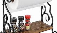 MyGift Black Metal Countertop Paper Towel Holder with Rustic Solid Burnt Wood Storage Shelf and Scrollwork Design, Easy Refill Single Roll Holder