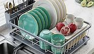 Dish Drying Rack - Space-Saving Dish Rack,Dish Racks for Kitchen Counter with Drainboard, Rustproof Dish Drainer with a Large 4-Compartment Utensil Holder,Gray&White