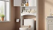 Gizoon Over The Toilet Storage Cabinet with Adjustable Shelf and Double Doors, Bathroom Space Saver Organizer Above Toilet with Open Shelf, Taller Wooden Free Standing Toilet Rack -White