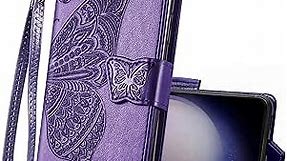 for Samsung Galaxy S23 FE Phone Case Wallet,Women Flip Folio PU Leather Protective Case Wrist Strap Card Slots Holder Pocket Emboss Butterfly Flower Stand Flip Case for Samsung Galaxy S23 FE Purple