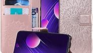 MEUPZZK LG G7 ThinQ Case, LG G7 Wallet Case, Sun Flowers Embossed Premium PU Leather Kickstand Flip Phone Cover Card Holders & Wrist Strap Wallet Case for LG G7 ThinQ (Y-Rose)
