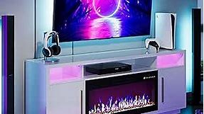 BELLEZE 70" Fireplace TV Stand for TVs Up to 75", LED Light Entertainment Center with 36" Electric Fireplace Heater, Storage Cabinet, Media Console Table for Living Room - Avenue (White)