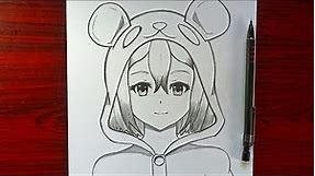 How to Draw a cute anime girl wearing a hoodie | Step by step Drawing tutorial