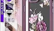 for iPhone 14/13 Case+Tempered Glass Screen Protector, [Military Grade Protective] Slim Soft TPU & Hard PC,Girls Women Crystal Clear Flower Pattern Case Cover for iPhone 14/13-Purple