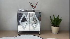 SSLine Mirrored Sideboard Storage Cabinet with Diamond Shape Crystal Decor Doors Luxury Accent Cabinet Silver Mirror Finish Buffet Cabinets with Storage Shelf for Living Room Dining Room Entrway