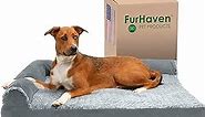 Furhaven Cooling Gel Dog Bed for Large Dogs w/ Removable Bolsters & Washable Cover, For Dogs Up to 95 lbs - Two-Tone Plush Faux Fur & Suede L Shaped Chaise - Stone Gray, Jumbo/XL
