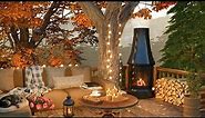 Autumn Cozy Ambience on Treehouse Porch with Falling Leaves, Birdsong, Fireplace and Fall Vibes