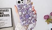 Threesee for iPhone 15 Pro Max Bling Glitter Case,Luxury Crystal Rhinestone Shiny Diamond Pearl Flowers Women Girls Kids Case Cover with Wrist Strap Lanyard for iPhone 15 Pro Max 6.7 inch,Purple