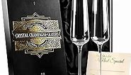 Gold Rim Champagne Gift Glasses | Set of 2 | Crystal Square Toasting Flutes for Bride and Groom, Wedding, Anniversary, Birthday | Elegant Long Stemmed Glassware for Sparkling Wine, Prosecco