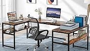 Tribesigns U- Shaped Desk with Bookshelf and Tilting Drawing Board, L Shaped Computer Desk Gaming Gamer Table Workstation Desk with 3 Desktop for Home Office (Rustic)