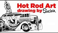 How to draw hot rod art cartoons with pen and ink