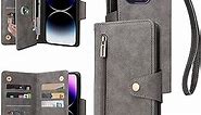 Ailampe iPhone 14 Pro Max Cases, iPhone 14 Pro Max Wallet Case for Women with 9 Card Holders & Kickstand & Strap PU Leather Flip Case for iPhone 14 Pro Max 6.7, Gray