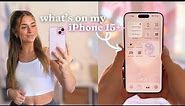 what's on my iPhone 15+ 📱🎀 | pink aesthetic theme, new ios 17 new features!