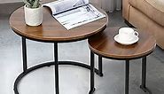 SMOOL Modern Nesting Coffee Table Set of 2 for Living Room Balcony Office, Round Wood Accent Side Coffee Tables with Sturdy Metal Frame, Easy Assembly(Walnut)