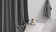 BTTN Extra Long Shower Curtain - 72x84 Long Boho Chic Striped Tassel Linen Fabric Shower Curtain Set with Hooks, Tall Modern Farmhouse Heavy Duty Cloth Shower Curtains for Bathroom - Charcoal Grey