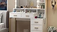 Loomie Vanity Desk with Lighted Mirror & Power Outlet, Makeup Table with 5 Drawers, Two Cubby & Shelf, Vanity Dresser with 11 Lights in 3 Lighting Colors for Bathroom, Bedroom,Makeup Room,White