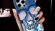 Compatible with iPhone 15 Pro Case Cool Skull Plating Hollow Out Design Electroplate Glossy Slim Protective Phone Case Blue