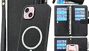 Lacass Compatible with MagSafe Case Wallet for iPhone 13 / iPhone 14 / iPhone 15, 2 in 1 Magnetic Detachable Leather Wallet Cover with Card Holder Zipper Wrist Strap Lanyard (Black)