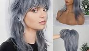 CINHOO 14inch Modern Mullet Wig Styles for Women Shaggy Layered Gray Ombre Wig with Light Blue Highlights Straight Wolf Cut Bob Wig with Bangs Synthetic Short Pixie Cut Wig for Women(Gray mix Blue