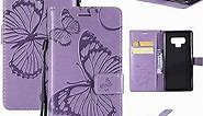 MEUPZZK Wallet Case for Samsung Galaxy Note 9, Embossed Butterfly Premium PU Leather [Folio Flip][Kickstand][Card Slots][Wrist Strap][6.4 inch] Phone Cover for Samsung Note 9 (B-Purple)