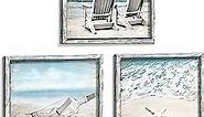 Seascape Pictures Framed Wall Artwork: Ocean Wall Art Set of 3 Beach Chairs & Drift Bottle Wall Art Coastal Prints on Wood for Bedroom