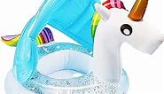 Unicorn Baby Swimming Pool Float with Canopy, Glitters, Seat & Safety Handle, 2024 Summer Baby Floats for Pool, Inflatable Baby floaties for 8-36 Months Toddler Boy Girl Summer Outdoor Party Favor